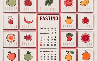 A calendar with symbolic menstrual cycle icons and fruits