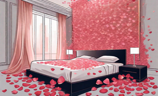 A romantically lit bedroom with silk sheets and rose petals scattered about