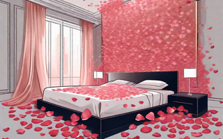 A romantically lit bedroom with silk sheets and rose petals scattered about