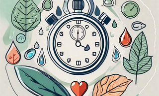 A stopwatch surrounded by various symbols of health and wellness