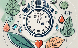 A stopwatch surrounded by various symbols of health and wellness