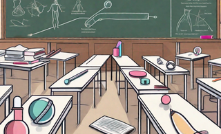 Various sex toys arranged in a classroom-like setting