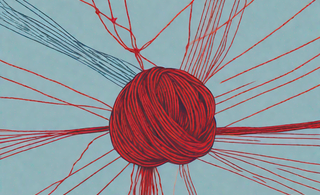 A tangled red thread unravelling and becoming straight against a calm