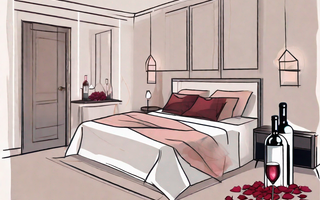 A bedroom setting with subtle romantic elements such as dimmed lights