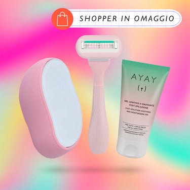 AYAY Pratino Perfetto pack - Pietra depilatoria, rasoio snodato 5 lame, gel lenitivo emolliente, shopper in omaggio