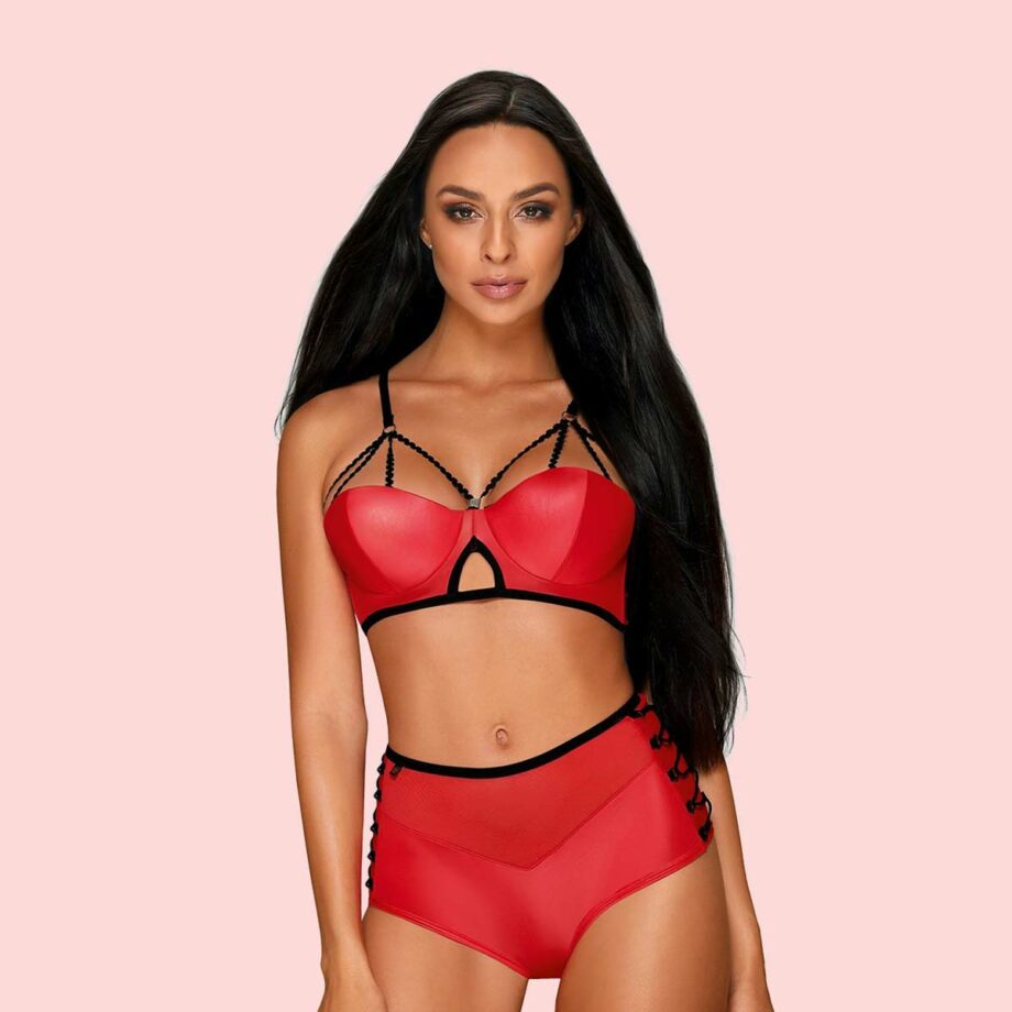 Completo intimo sexy in similpelle - Rosso - Ayay 1